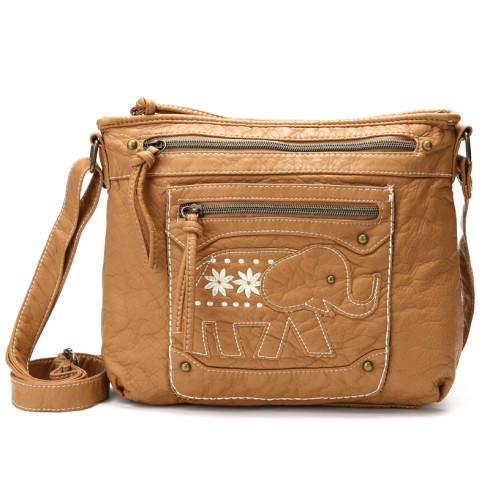 Soft Leather Crossbody Bag with Elephant Embroidery  front