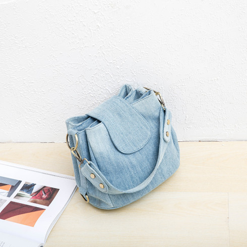 Women Denim Cotton Bucket Bag with 2 Straps