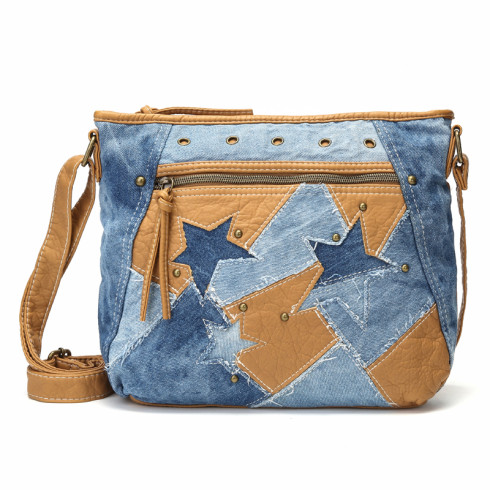 Soft Leather Jeans Patchwork Crossbody Bag  front