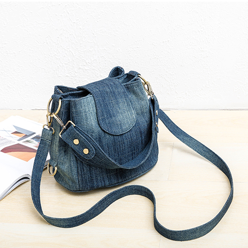 Women Denim Cotton Bucket Bag with 2 Straps front of dark blue