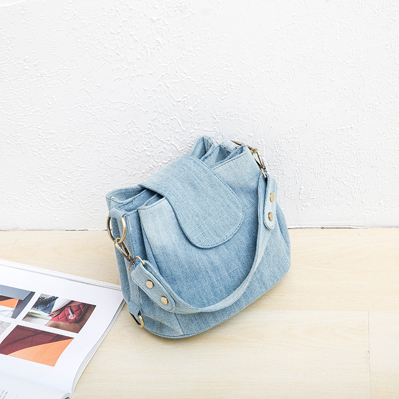 Women Denim Cotton Bucket Bag with 2 Straps front of light blue