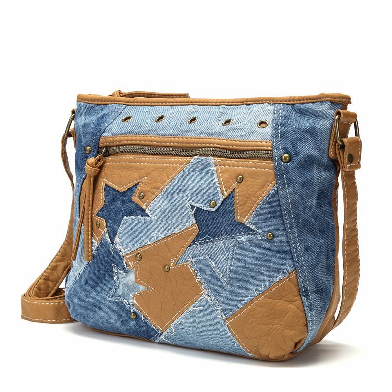 Soft Leather Jeans Patchwork Crossbody Bag  side