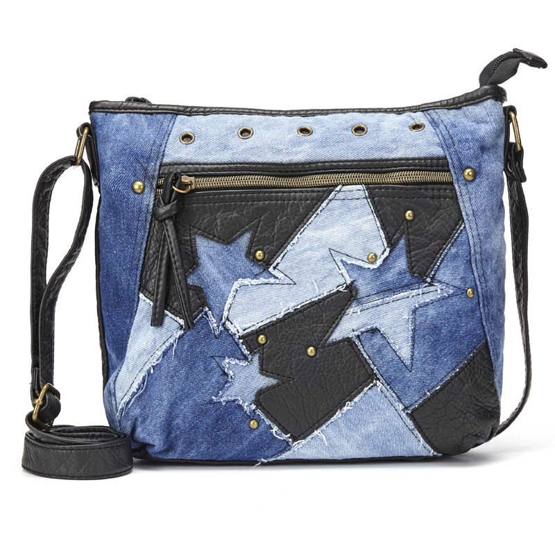 Soft Leather Jeans Patchwork Crossbody Bag  front of black